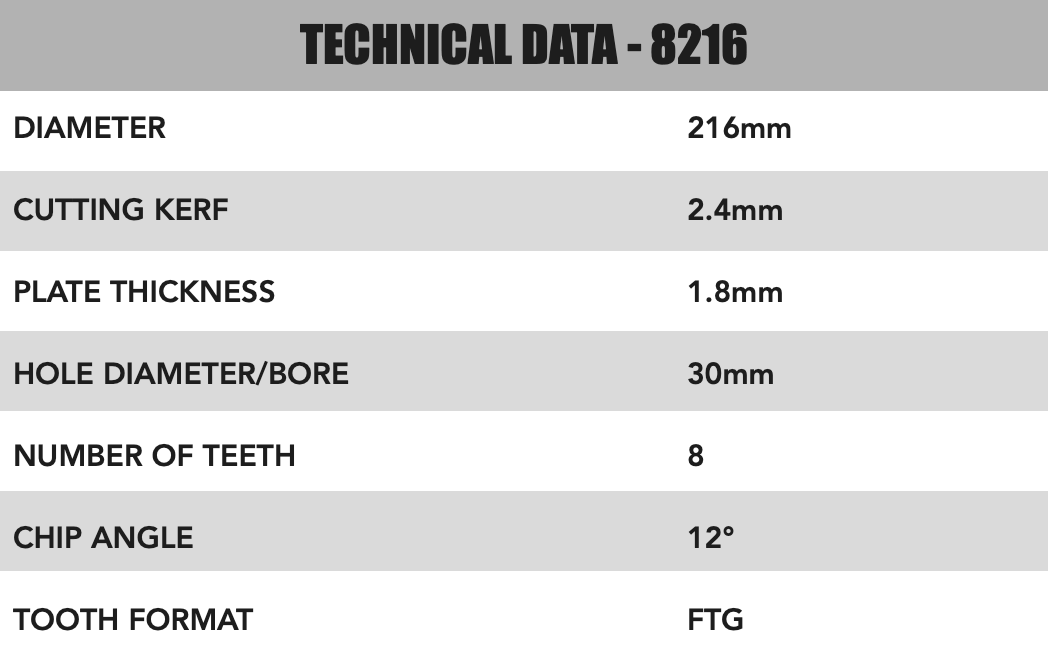 216mm x 30mm x 2.4mm 8 Tooth PCD Cement Fibre Board Blade 8216 - Image 4