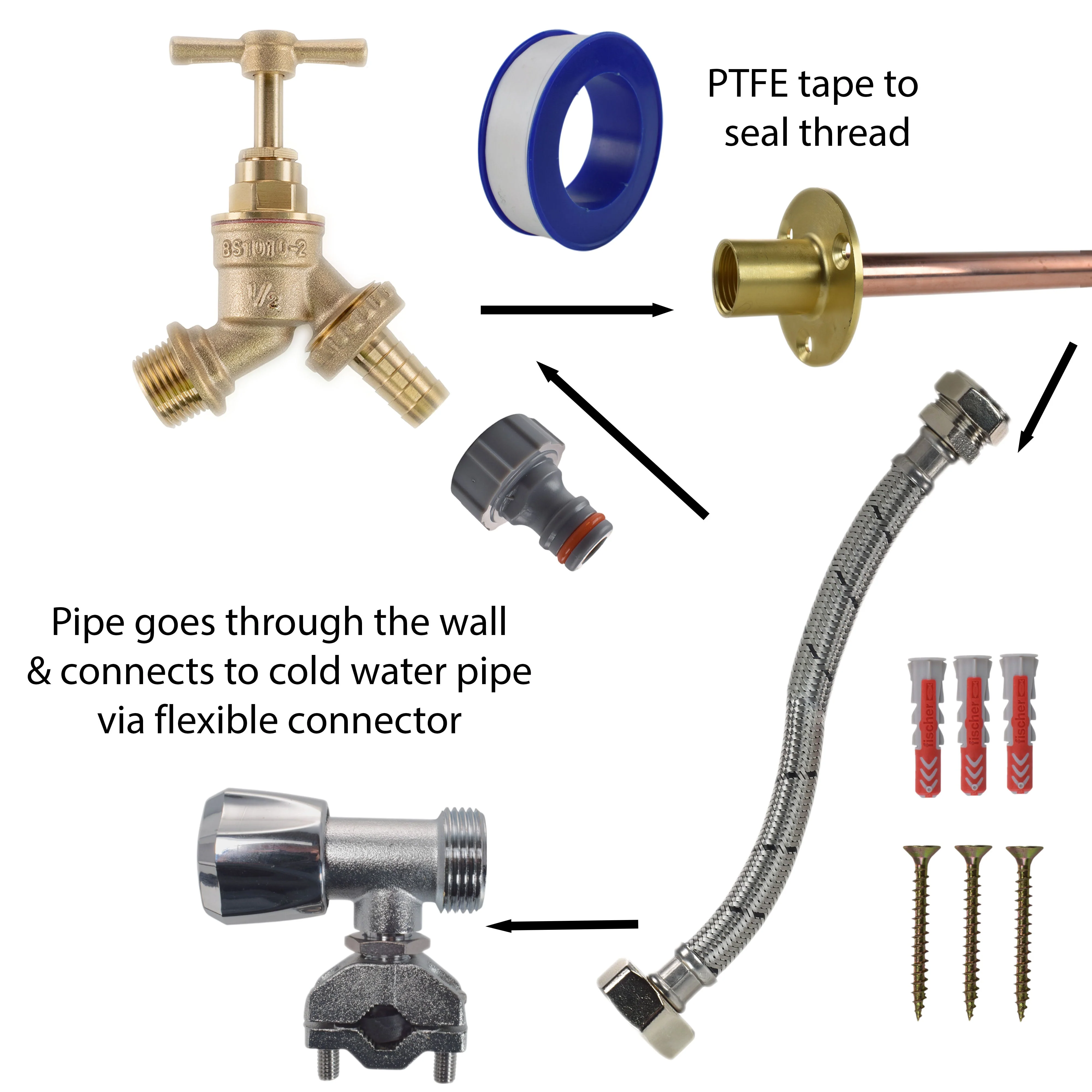 Brass Barbed Bib Tap FULL Connection Kit - Image 3