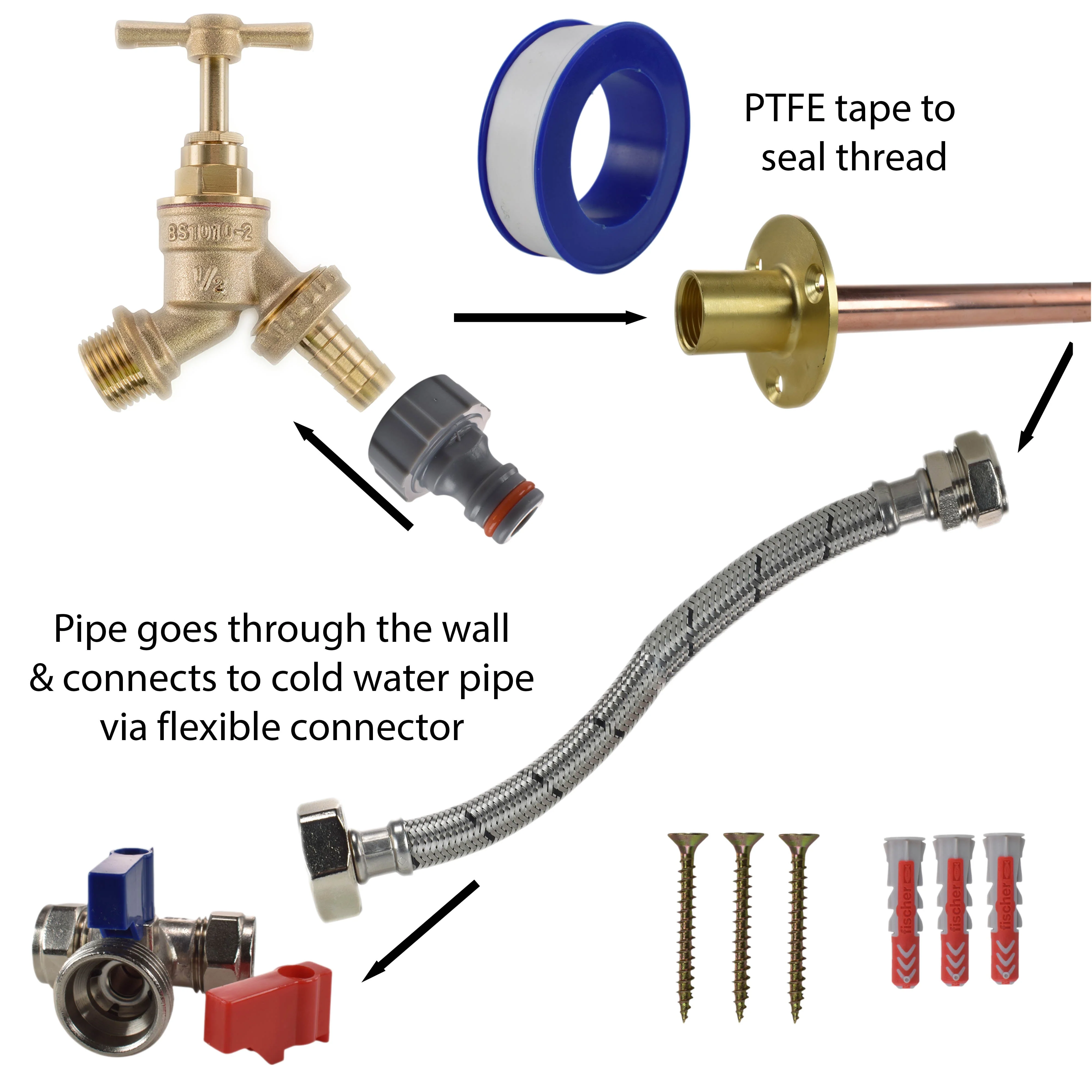 Brass Barbed Bib Tap STANDARD Connection Kit - Image 2