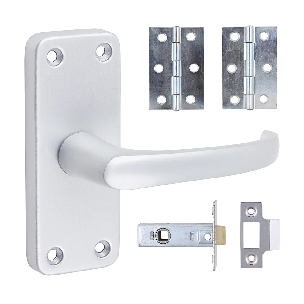 Contractors Lever Latch Door Pack – Satin Anodised Aluminium (Door Handle / Hinges / Latch)