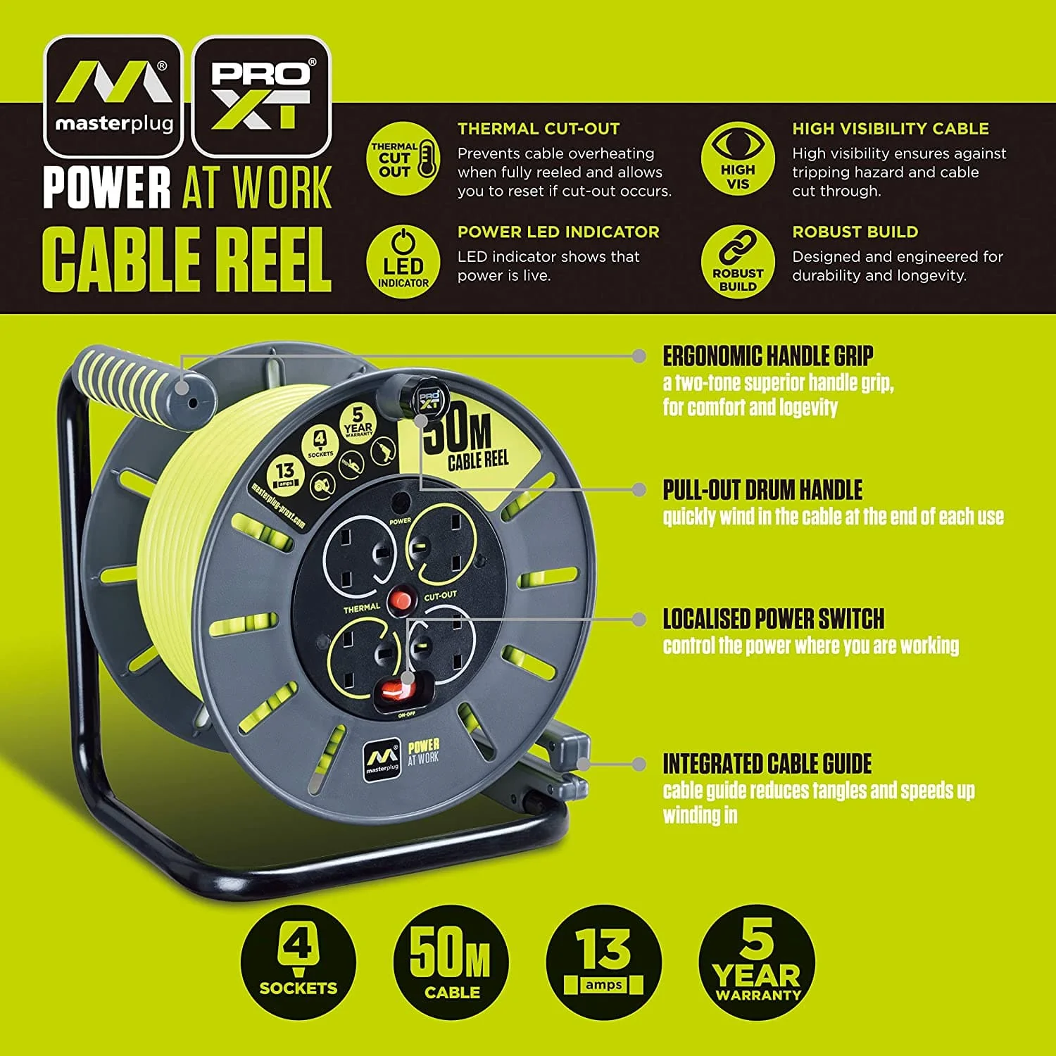Masterplug 50m 4-Socket 13A Heavy Duty Extension Cable Reel - Image 6