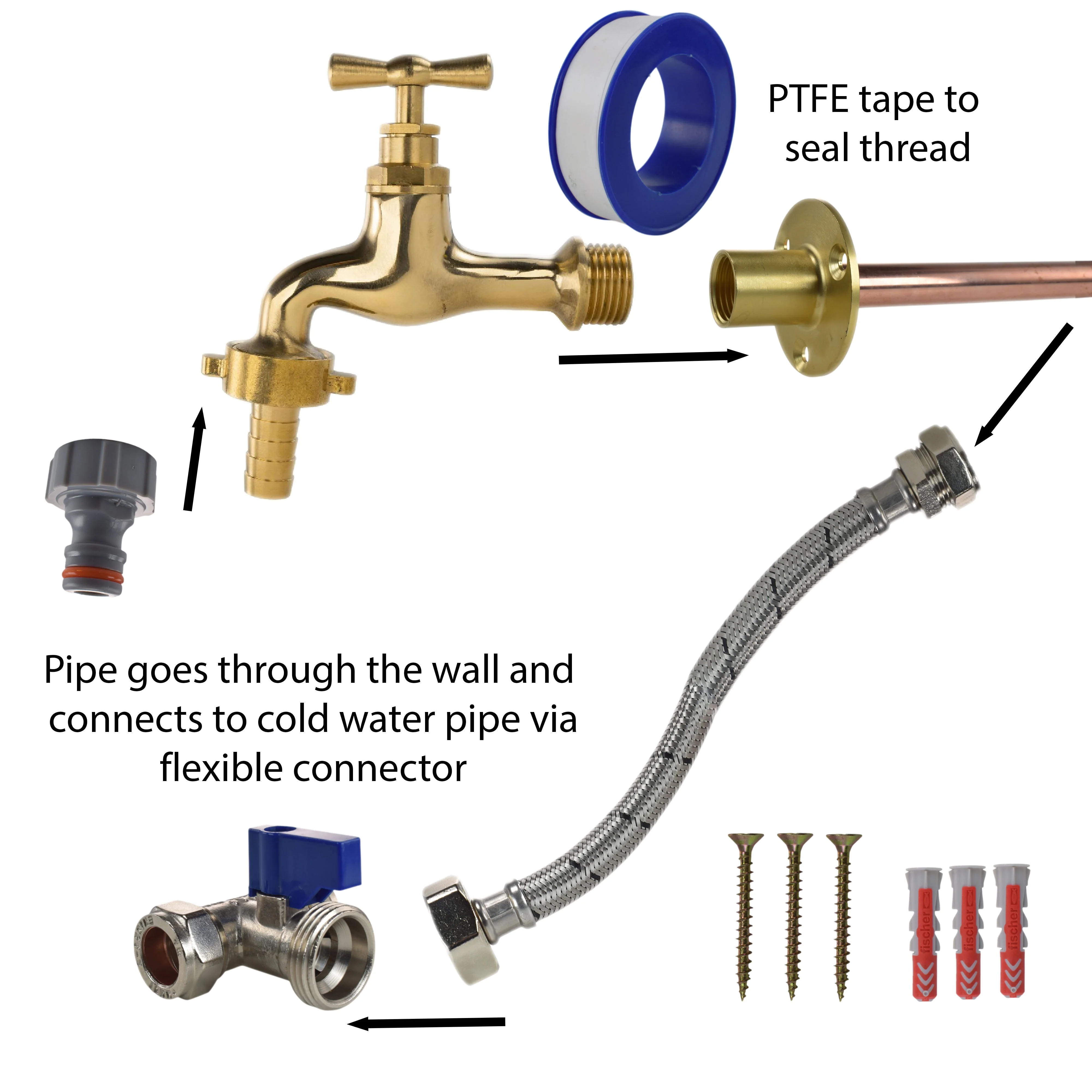Polished Brass 13mm Barb Tap STANDARD Connection Kit - Image 4