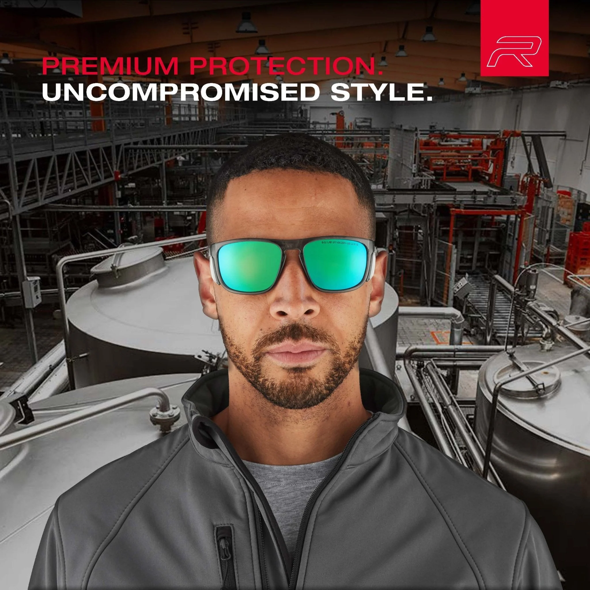 Riley Navigator X Safety Sunglasses – Green Mirror Revo, Smoked Frame, Anti-Fog/Anti-Scratch - Image 12