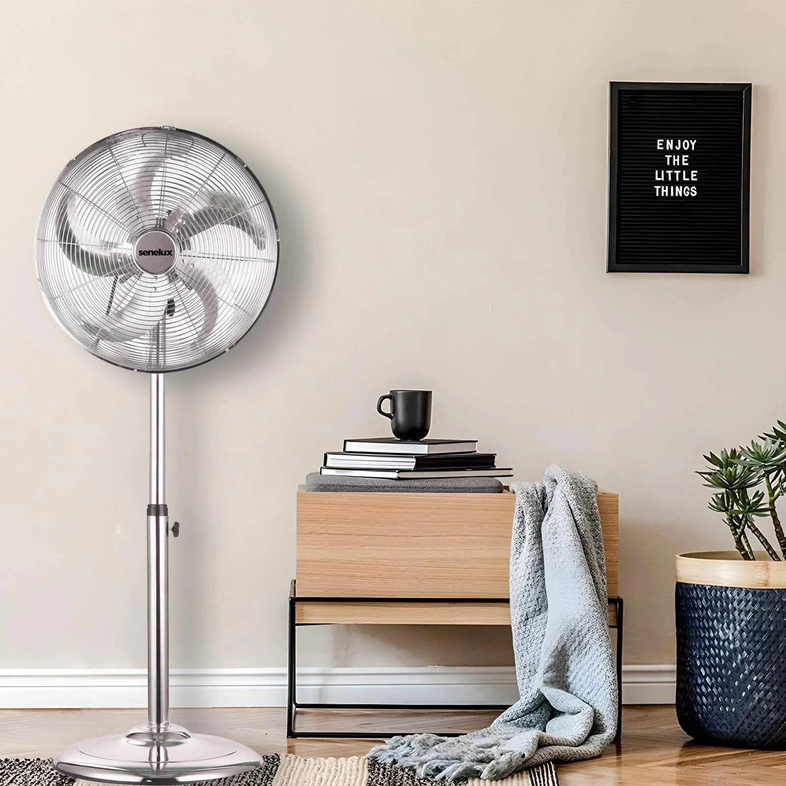 Senelux 16 Inch Metal Pedestal Floor Fan, Chrome Standing Fan with 5 Blades, Oscillating Function, 3 Speed Settings, Adjustable Height - Image 5