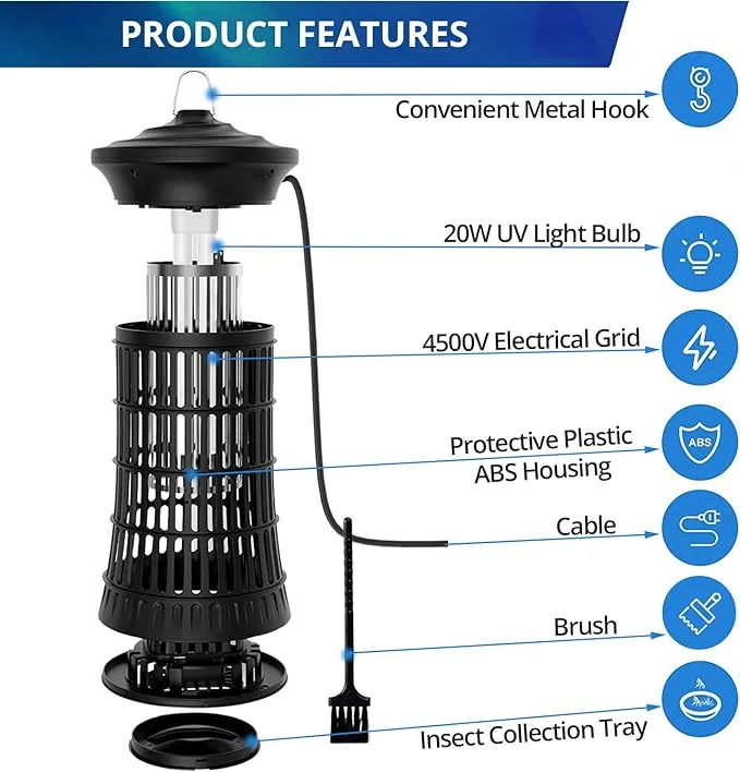 Senelux Mosquito Killer Lamp 4500V Fly Zapper 20W Insect Mosquito Trap with UV Light Bug Zapper 100m³ Coverage for Indoor Garden Outdoor - Image 6