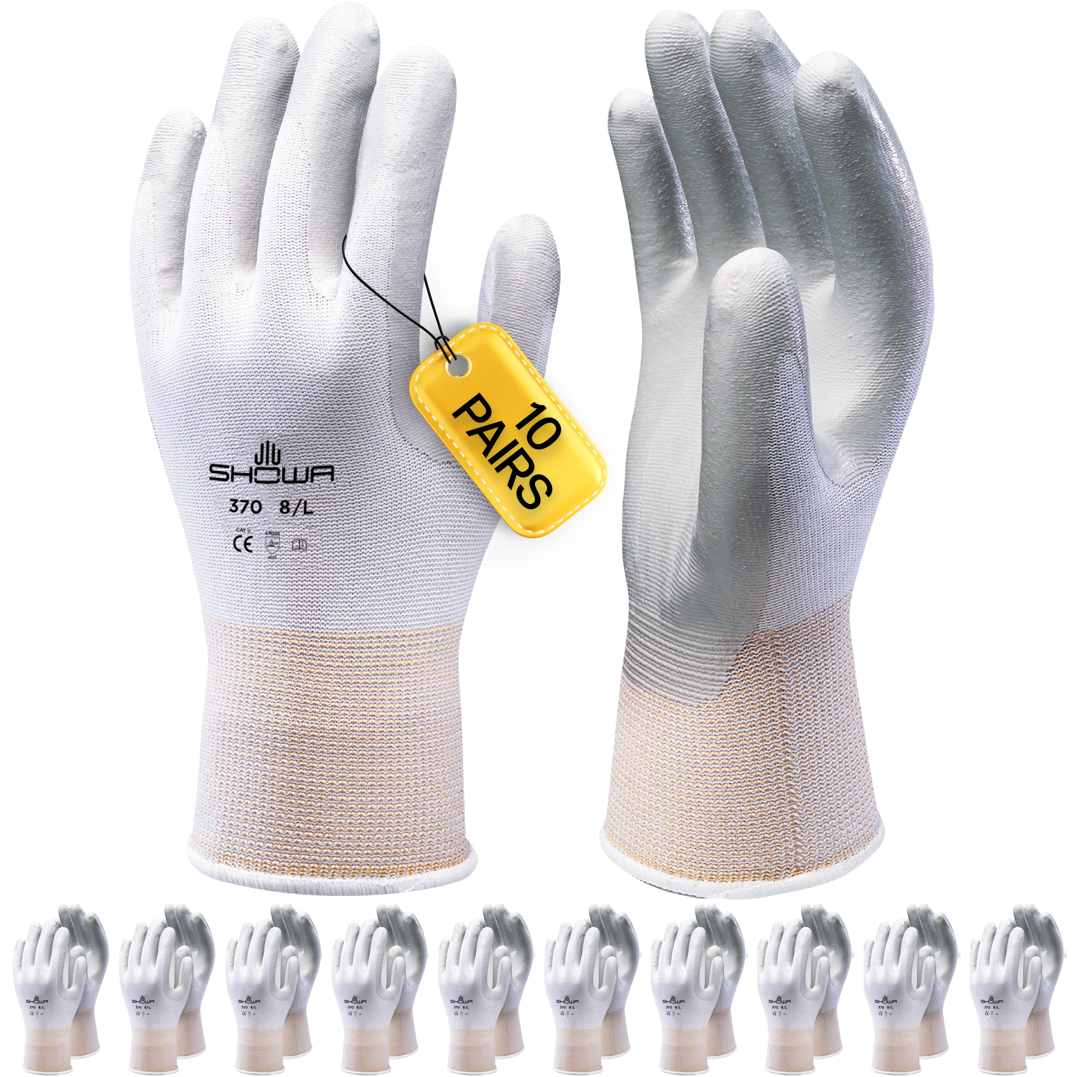 SHOWA 370 White Multi Purpose Lightweight Assembly Grip Safety Gloves (PACK of 10 PAIRS)
