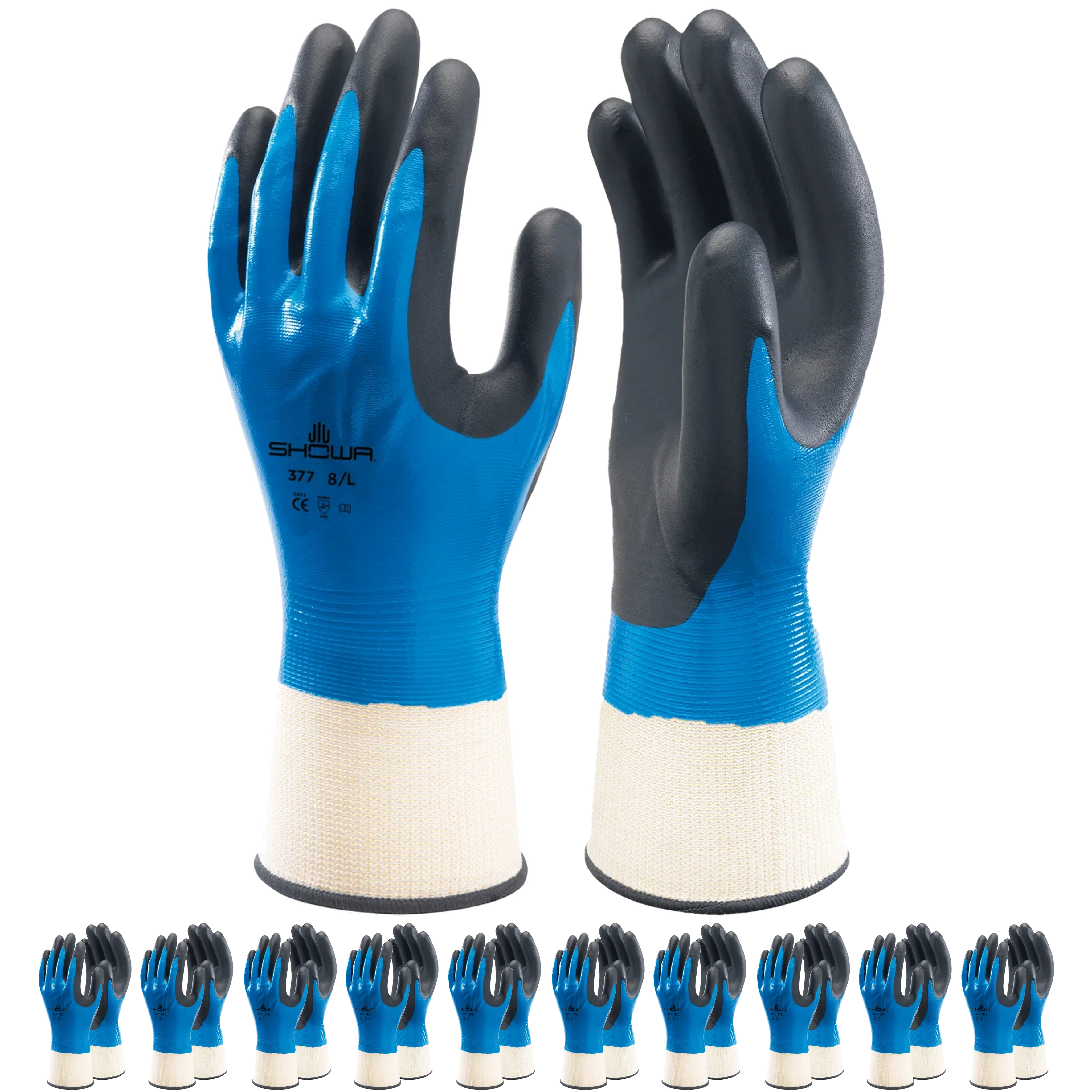 SHOWA 377 Waterproof Impermeable Fully Coated Work Gloves with Nitrile Grip (PACK of 10 PAIRS)