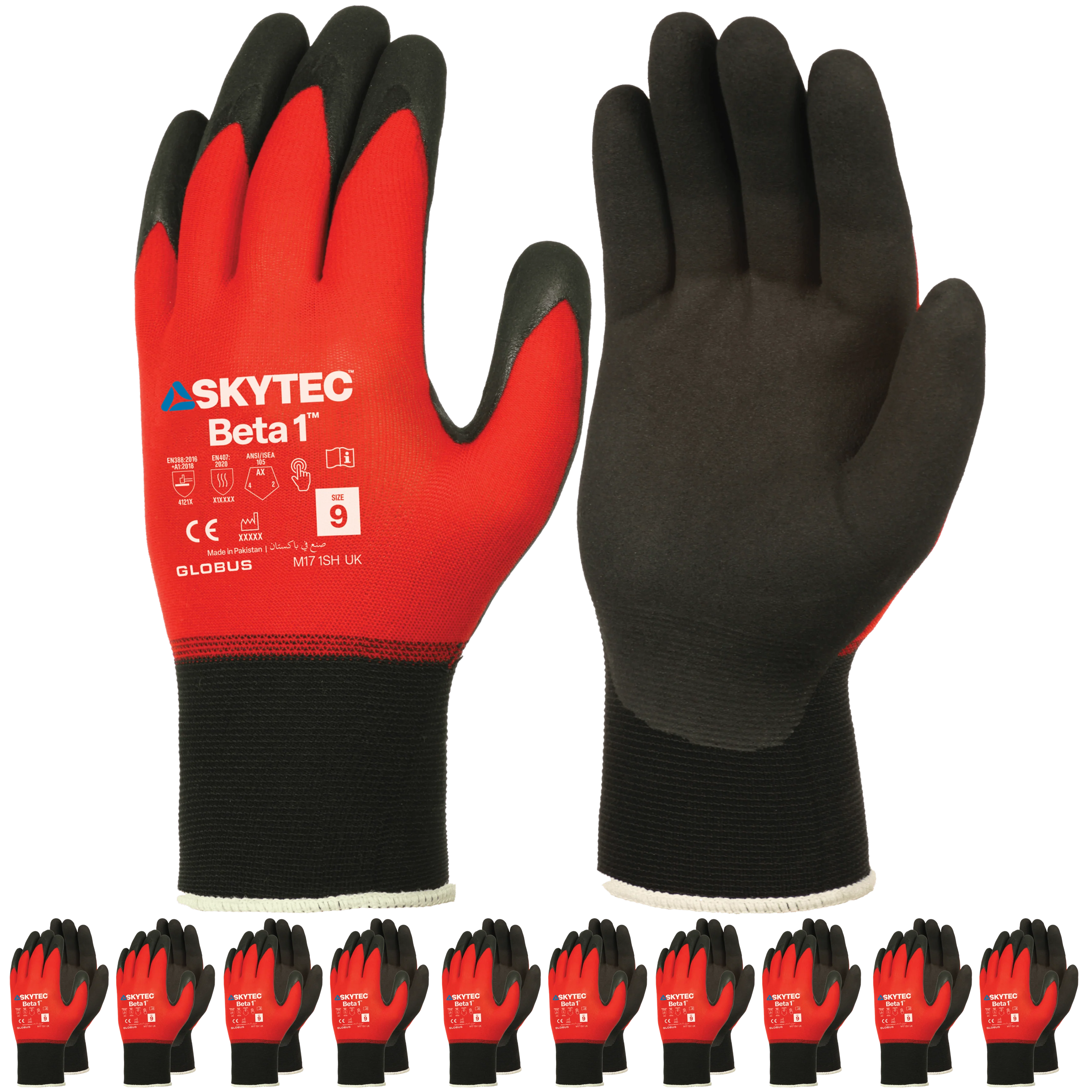 SKYTEC Beta 1 Tricolore Flexible Lightweight Low Cut Protection Red Safety Work Gloves with Grip Palm (PACK of 10 PAIRS)