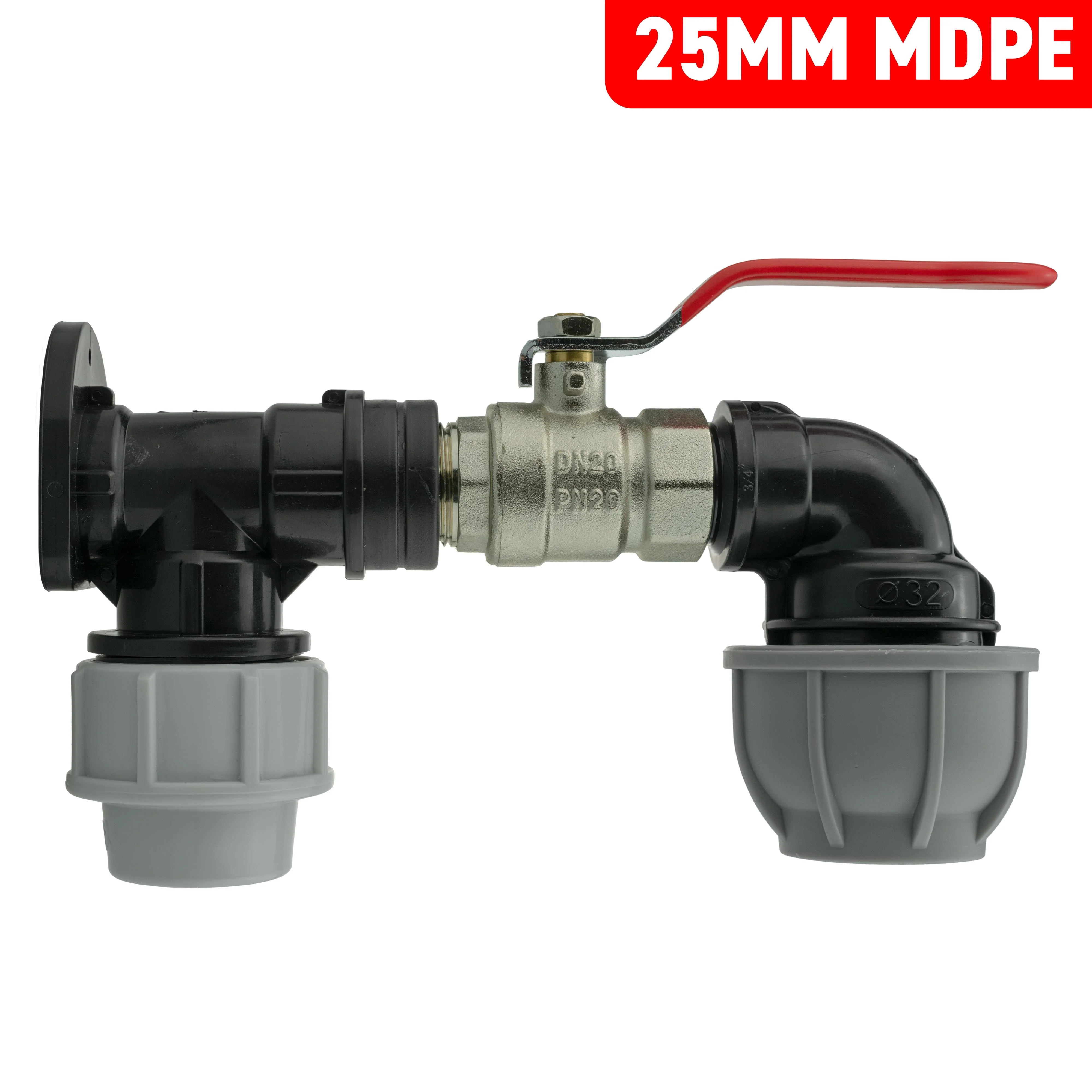 Wall Flange Kit 25mm MDPE + Lever Valve + 32mm MDPE Elbow - Image 3