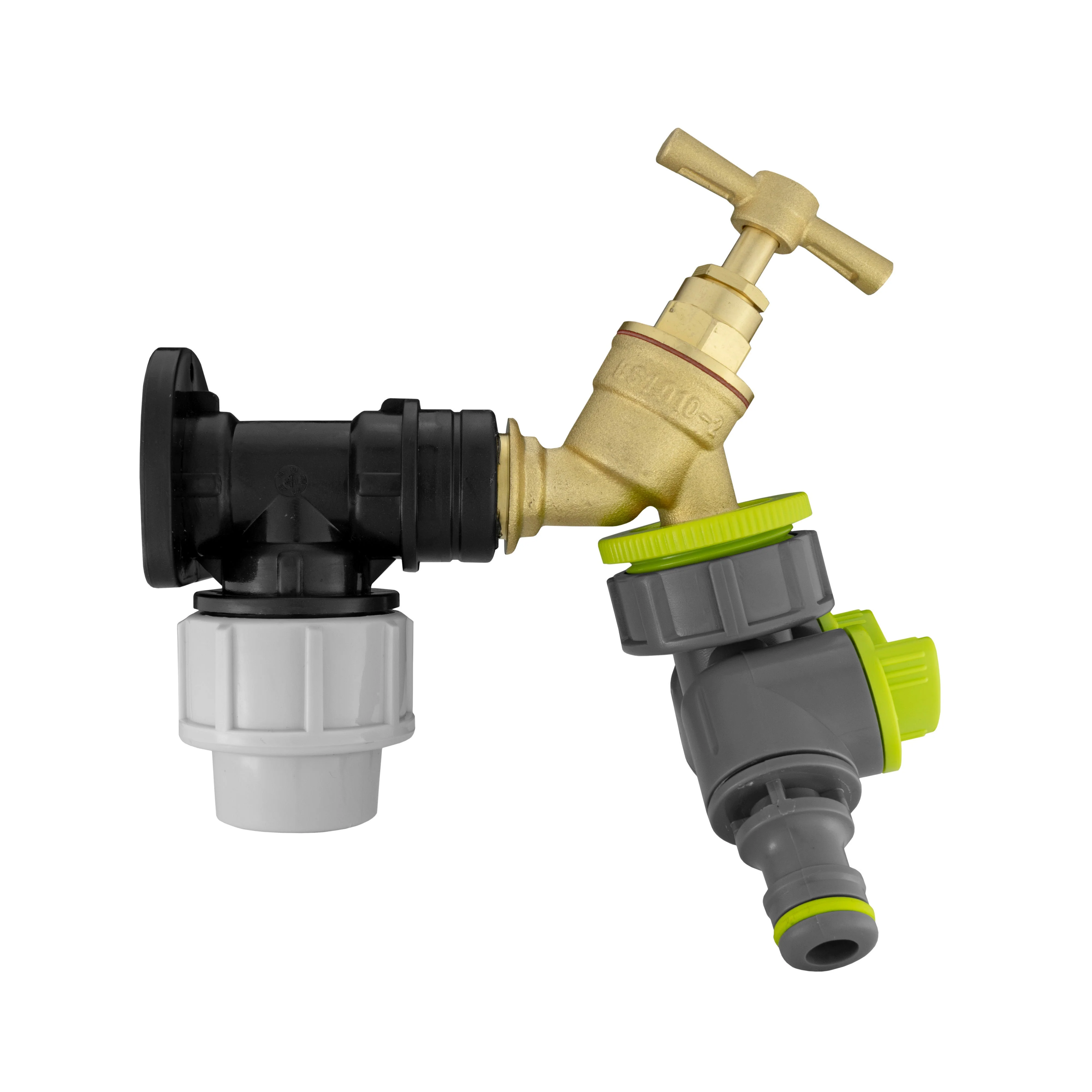 Wall Flange Kit 32mm MDPE + Brass Bib Tap + Lime Two Way Tap Splitter - Image 2