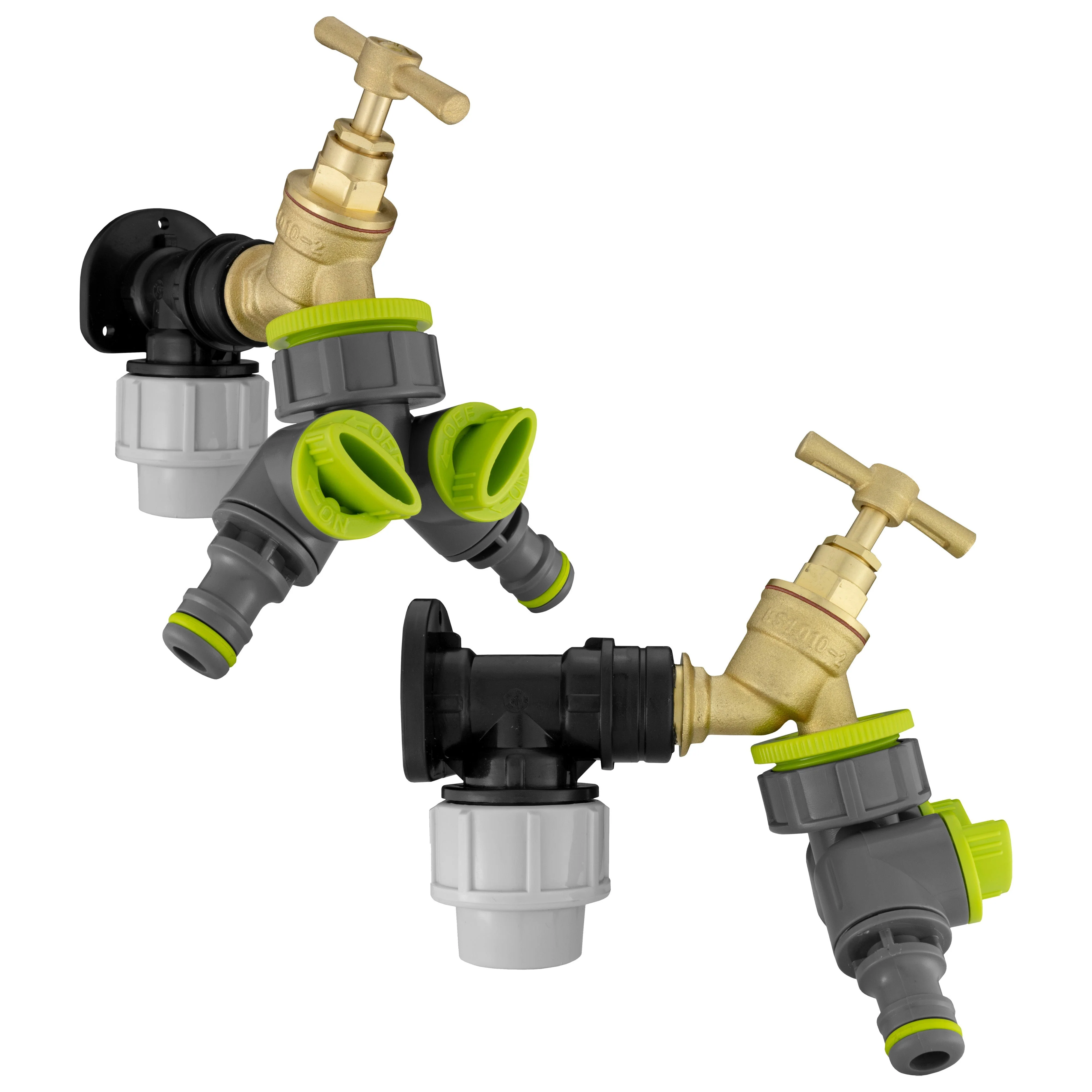 Wall Flange Kit 32mm MDPE + Brass Bib Tap + Lime Two Way Tap Splitter - Image 3